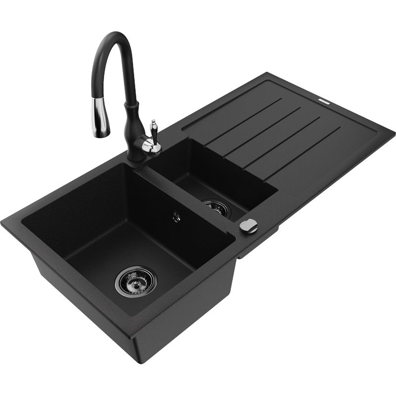 Zlewozmywak granitowy 1.5-komorowy Mexen Andres z ociekaczem i baterią kuchenną Savita czarny - 6515-77-672601-00 1 szt.