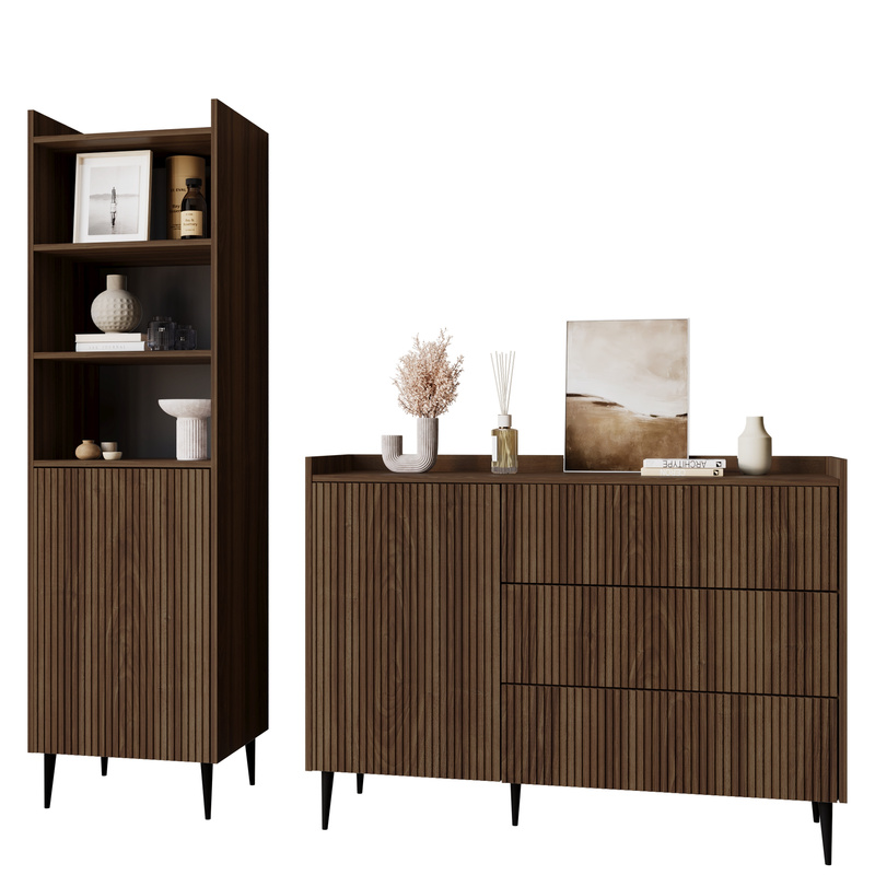 Meblościanka do salonu z komodą i regałem ASPERO orzech