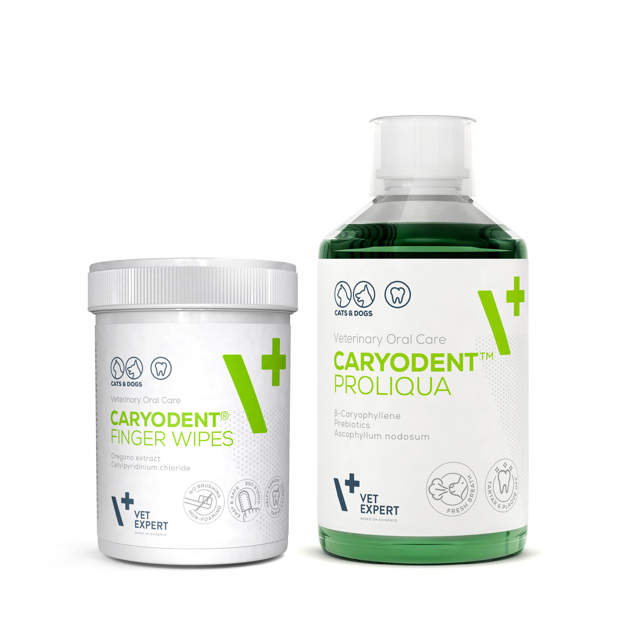 VET EXPERT CARYODENT zestaw FINGER WIPES i PROLIQUA - czyściki i płyn do higieny jamy ustnej psa i kota