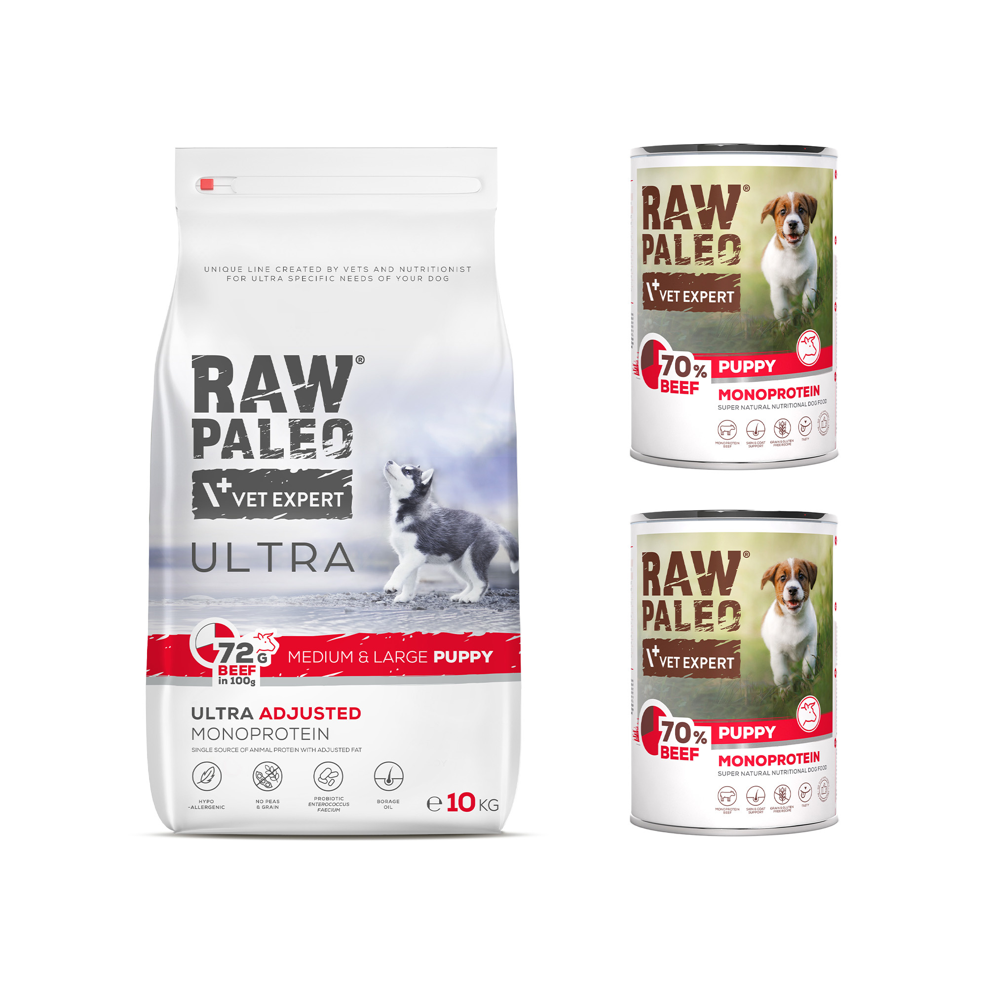 RAW PALEO ULTRA BEEF MEDIUM LARGE PUPPY 10kg i 2x BEEF PUPPY puszka 400g - zestaw karmy dla szczeniąt ras średniej i dużej