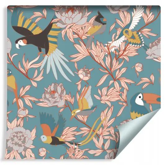 Tapeta Liście, Kwiaty i Egzotyczne Ptaki/241512695