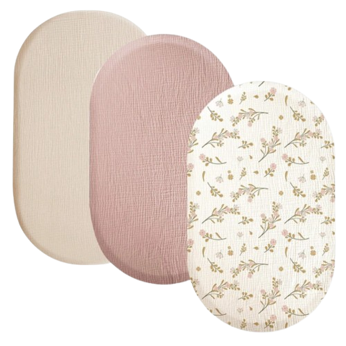 Zestaw 3 prześcieradeł muślinowych do gondoli Kwiaty, brudny róż, beż ns