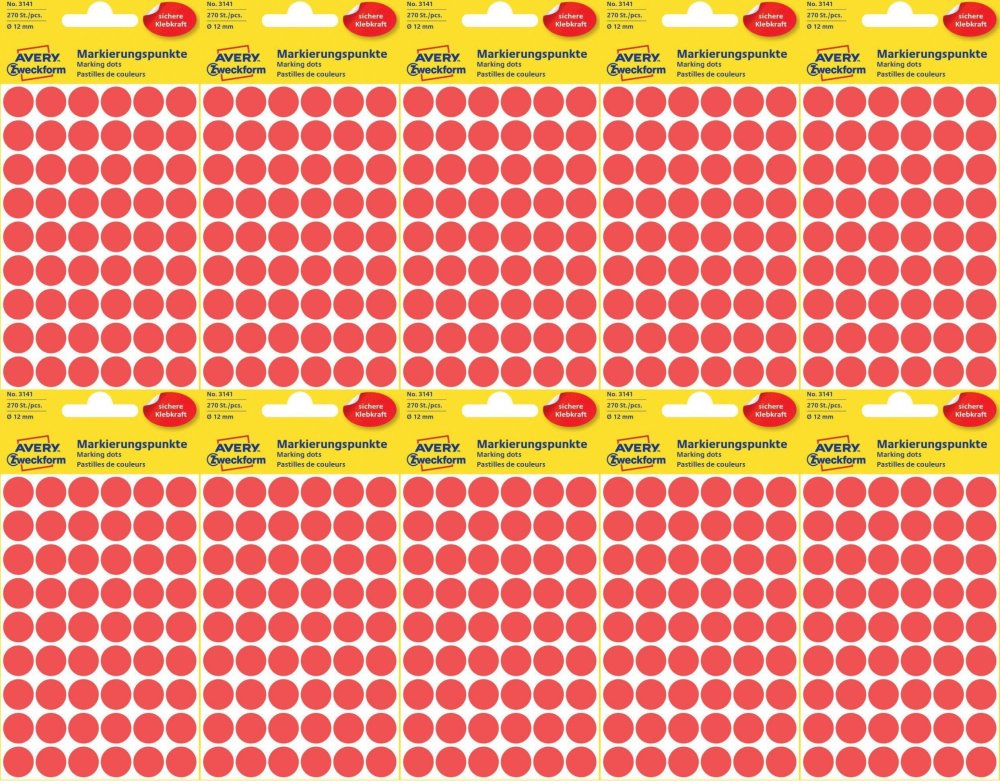 10x Etykiety Avery Zweckform, okrągłe, średnica 12mm, 270 sztuk, czerwony