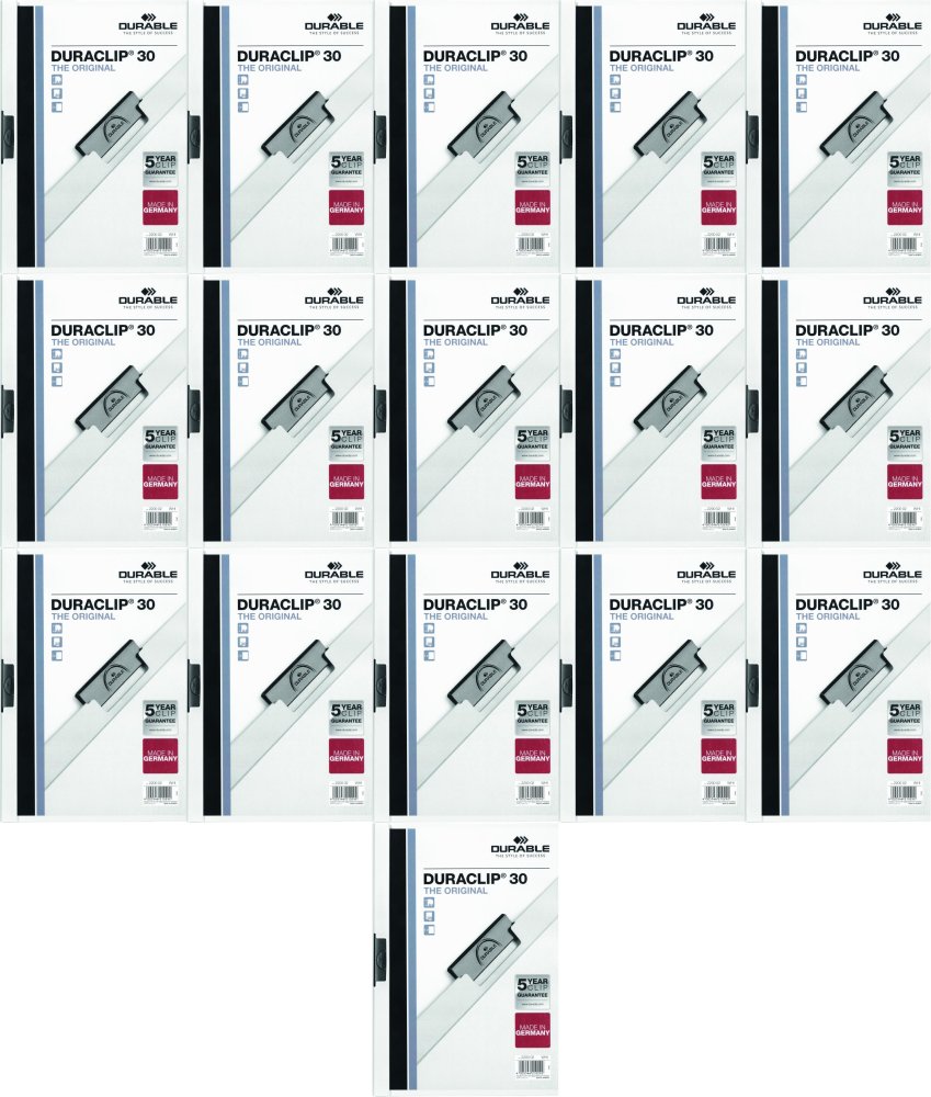 16x Skoroszyt plastikowy z klipsem Durable Duraclip, A4, do 30 kartek biały
