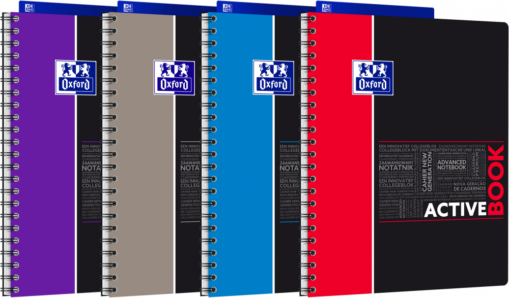 4x Kołonotatnik Oxford Student ActiveBook, A4+, w kratkę, 80 kartek, okładka PP, mix wzorów