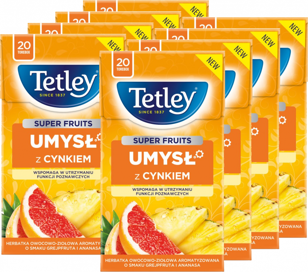 8x Herbata funkcjonalna w torebkach Tetley Super Fruits Umysł z cynkiem, grejpfrut i ananas, 20 sztuk x 2g