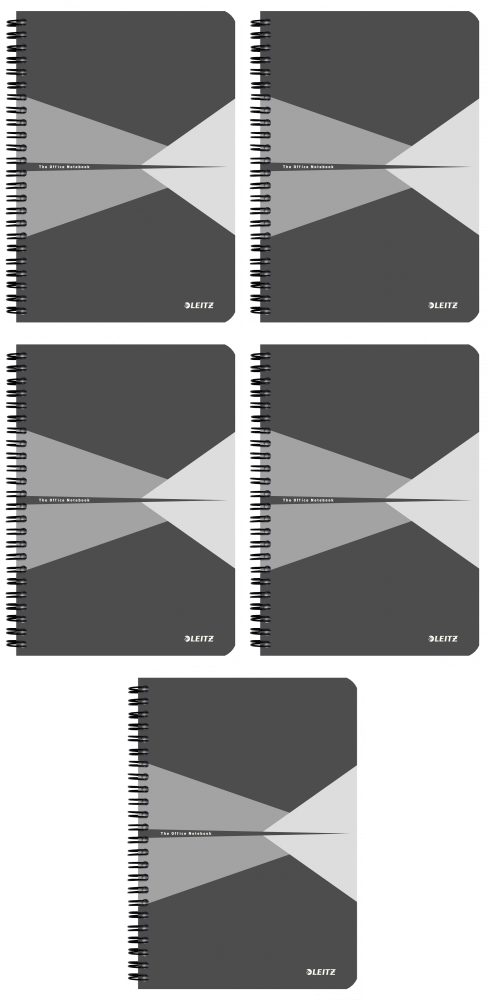 5x Kołonotatnik Leitz Office, A5, w kratkę, 90 kartek, okładka PP, szary
