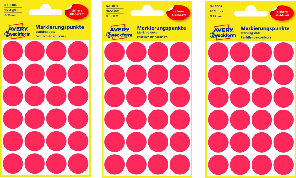 3x etykiety Avery Zweckform, okrągłe, średnica 18mm, 96 sztuk, czerwony