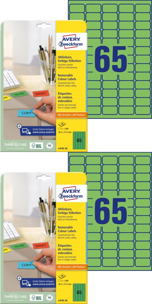2x Etykiety usuwalne Avery Zweckform, 38.1x21.2mm, 20 arkuszy, zielony