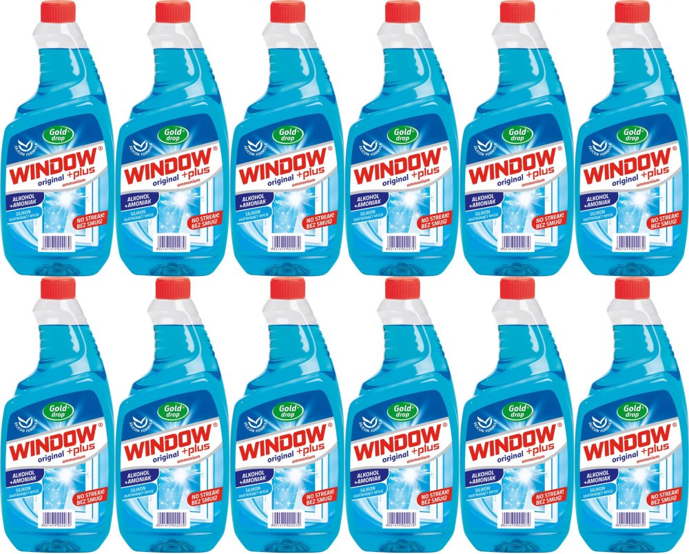 12x Płyn do mycia szyb Window Plus Gold Drop, z amoniakiem, zapas, 750ml