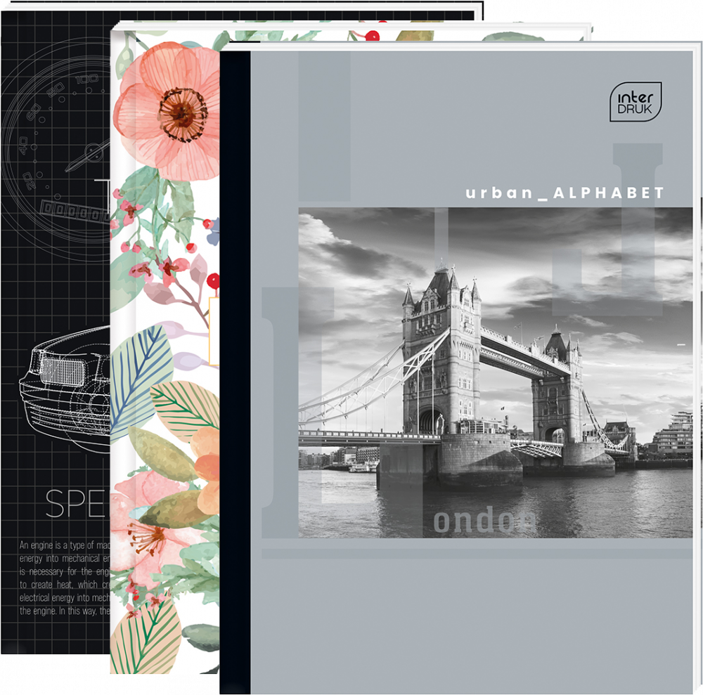 3x Brulion w kratkę Interdruk, A4, twarda oprawa, 96 kartek, mix wzorów okładek