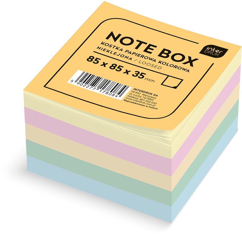 Karteczki do notatek Interdruk, nieklejone, 85x85x35mm, +/-350 kartek, mix kolorów