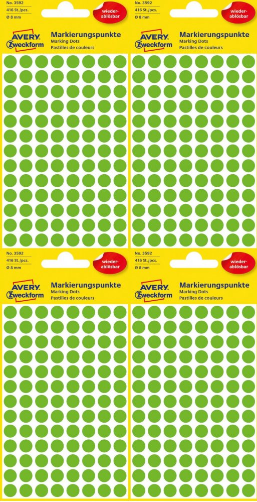 4x Etykiety usuwalne Avery Zweckform, okrągłe, średnica 8mm, 4 arkusze, 416 sztuk, zielony