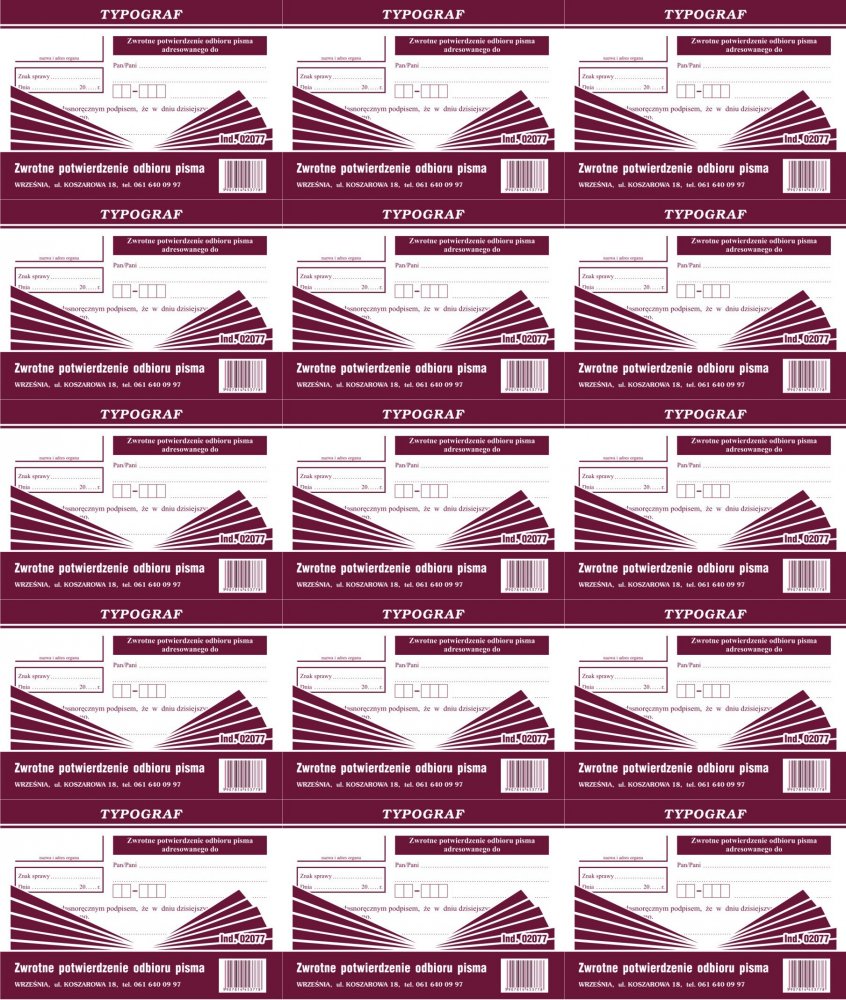15x Druk akcydensowy Zwrotne potwierdzenie odbioru pisma Typograf, A6, offsetowy, 80k