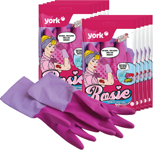 10x Rękawice lateksowe domowe, zapachowe York Rosie, z powłoką antybakteryjną, rozmiar S, 1 para, różowy