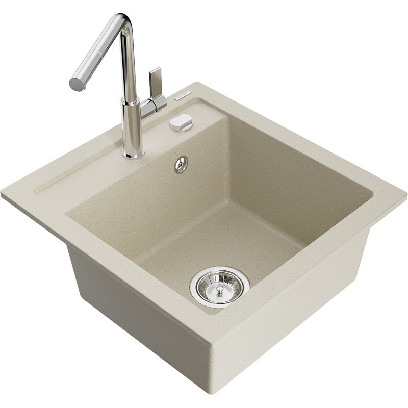 Zlewozmywak granitowy 1-komorowy Mexen Vito z baterią kuchenną Flora beżowy 6503-69-670401-00