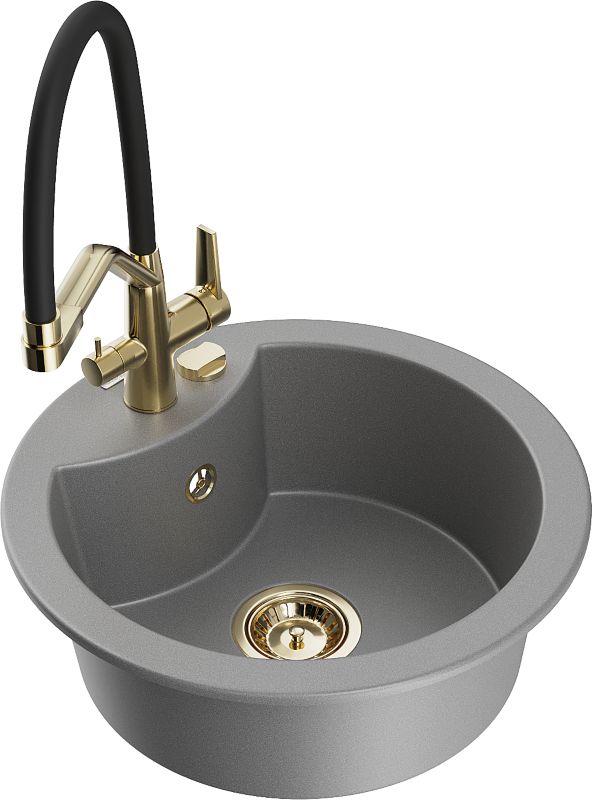 Zlewozmywak granitowy Mexen Diego 1-komorowy z baterią kuchenną Duo szary 6512-71-671701-57-G