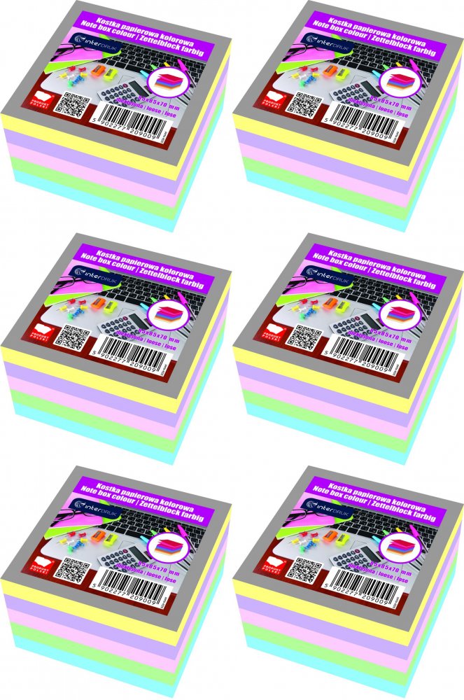 6x Karteczki do notatek Interdruk, nieklejone, 85x85x70mm, 500 kartek, mix kolorów pastelowych