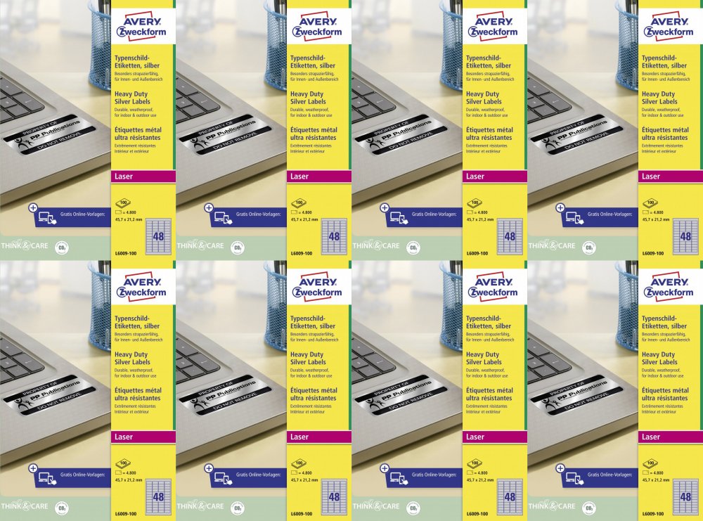 8x Etykiety znamionowe Avery Zweckform Heavy Duty, A4, 47.5x21.2mm, 100 arkuszy, srebrny