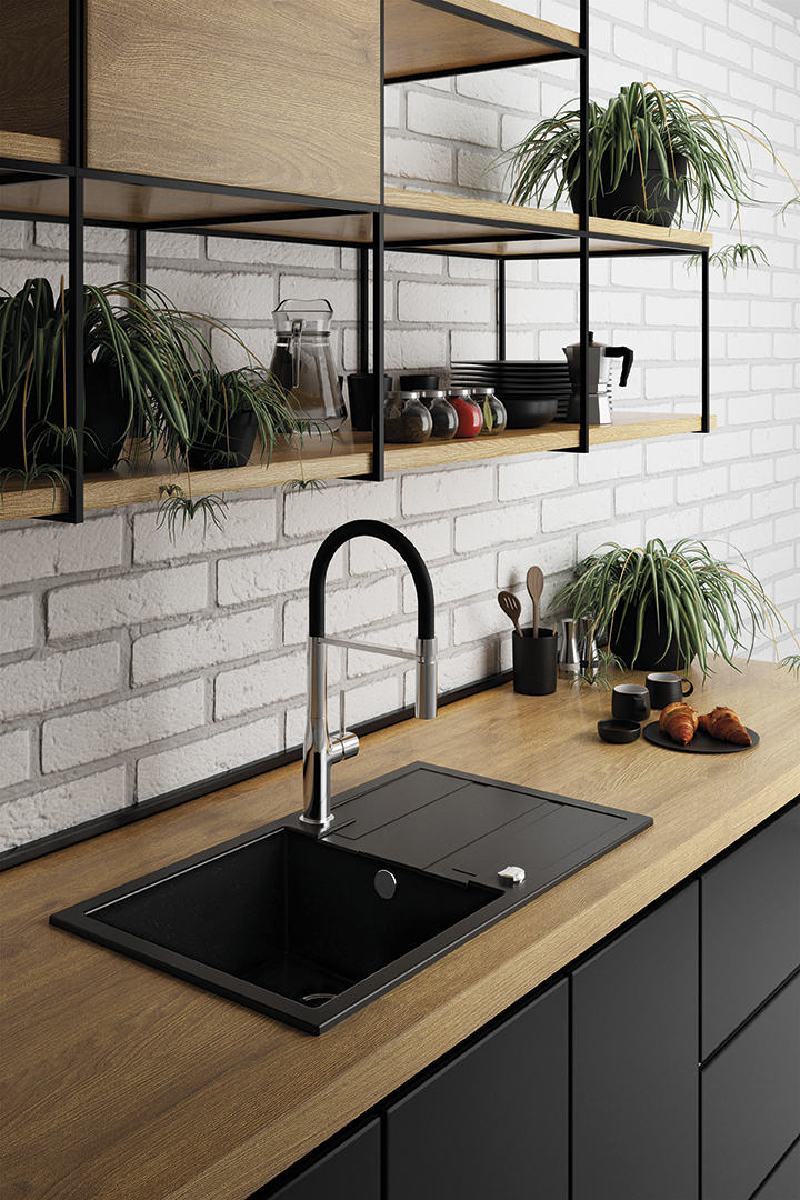 Laveo Pola bateria kuchenna stojąca z wylewką U czarna/chrom BAP778D