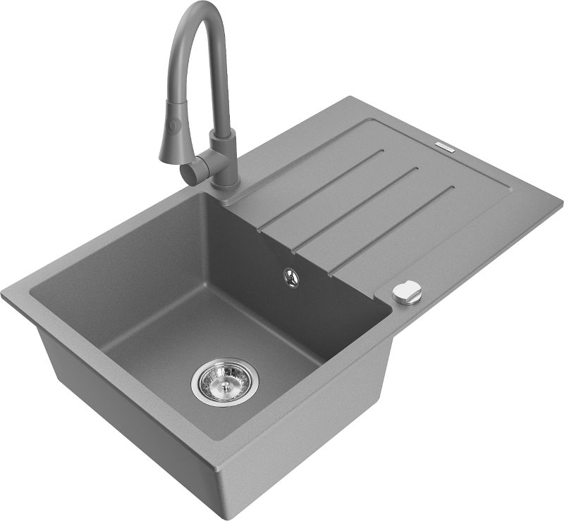 Zlewozmywak granitowy Mexen Bruno 1-komorowy z ociekaczem i baterią kuchenną Flora czarny/srebrny - 6513-73-670401-70-B 1 szt.
