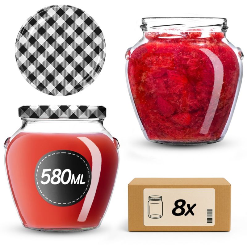 Słoiki na przetwory KADAX 580ml + wieczka "Czarna krata" 82mm 8szt.
