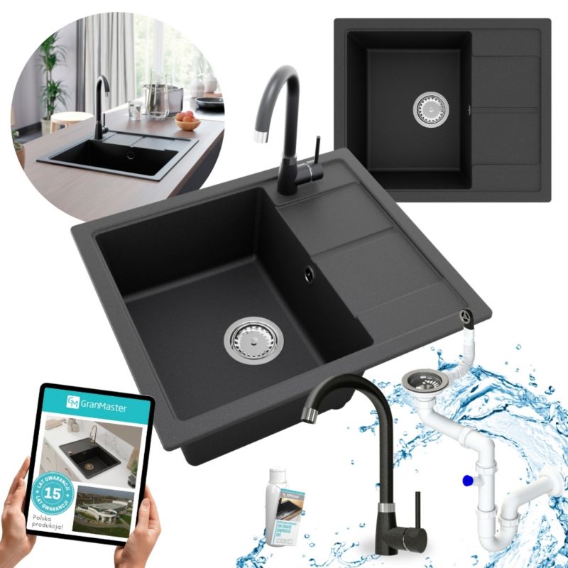 Zestaw zlewozmywak granitowy GranMaster, Horizon 59x50x20,3cm czarny metalik z baterią, syfonem oraz impregnat 1szt.