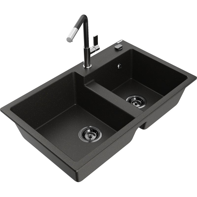 Zlewozmywak granitowy 2-komorowy Mexen Tomas z baterią kuchenną Flora czarny/złoty metalik 6516-75-670401-07-B