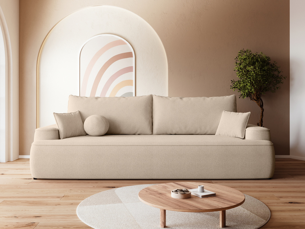Kremowa sofa z funkcją spania i poduchami do salonu CARMELLO
