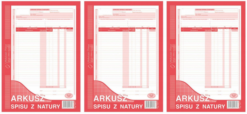3x Druk akcydensowy Arkusz spisu z natury MiP 341-1, A4, 1 kopia, 48k