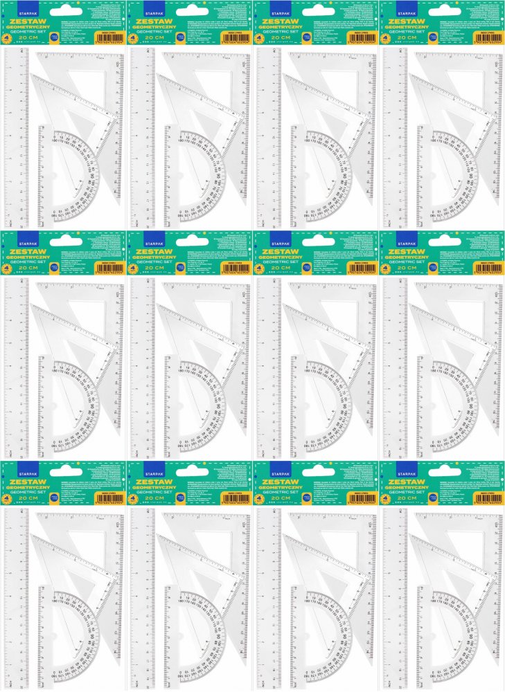 12x Zestaw geometryczny Starpak, 4 elementy, z linijką 20cm, transparentny