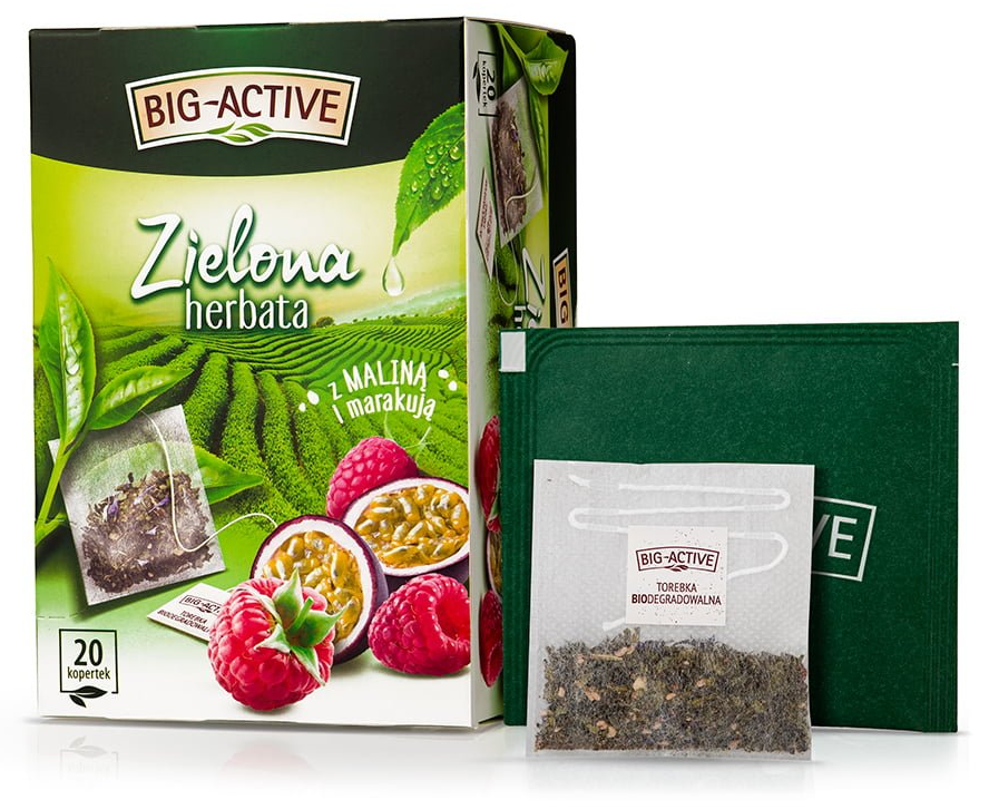 Herbata zielona smakowa w kopertach Big-Active, malina + marakuja, 20 sztuk x 1.7g