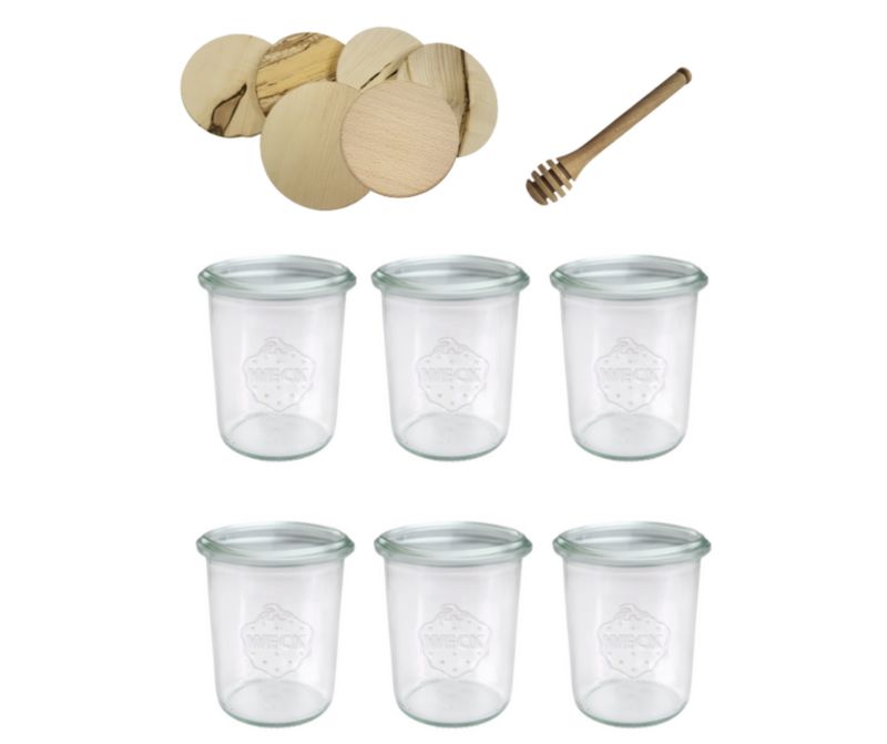 Słoiki MODO24 Weck 160 ml fi 60 mold z drewnianymi wiekami i nabierakami 6 kpl.