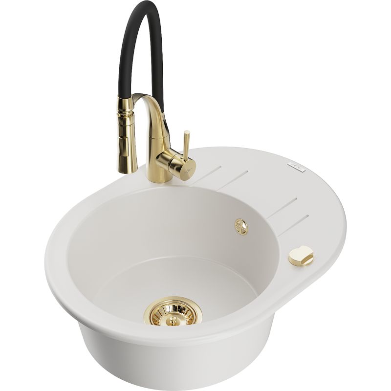 Zlewozmywak granitowy 1-komorowy Mexen Kevin z ociekaczem i baterią kuchenną Aster biały 6517-20-73450-57-G