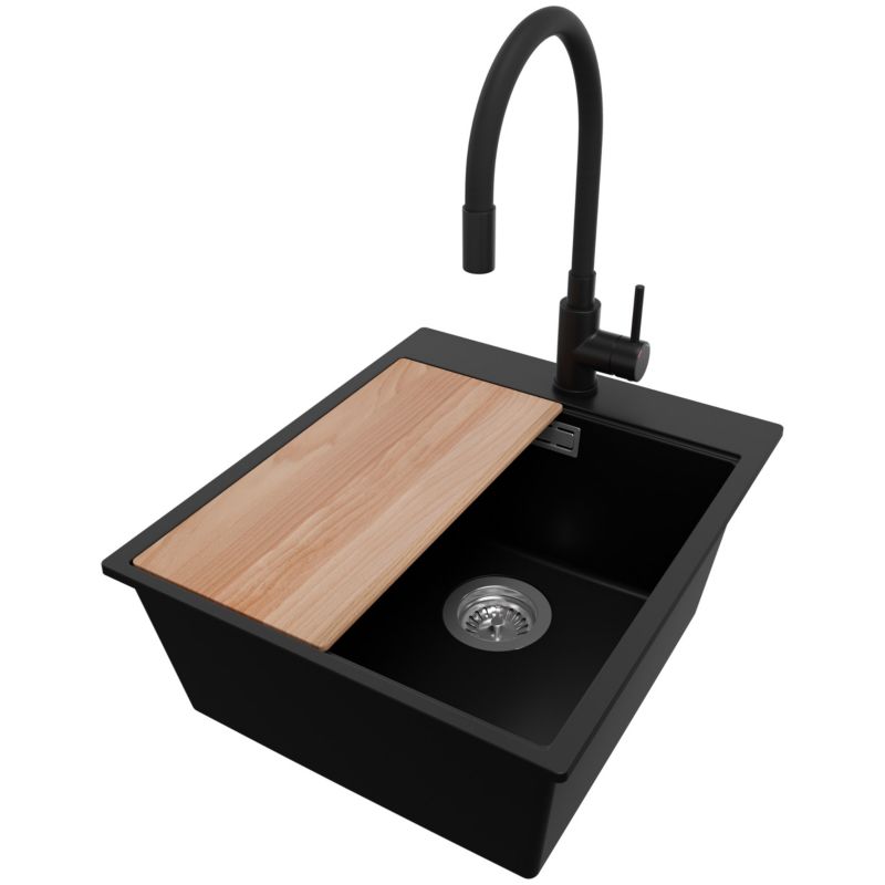 Zlewozmywak Granitowy Oslo PRIMAGRAN Nablatowy 43x50cm do szafki od 45cm, Czarny + Bateria 40x38cm + Syfon + Deska, S209, 1 szt.