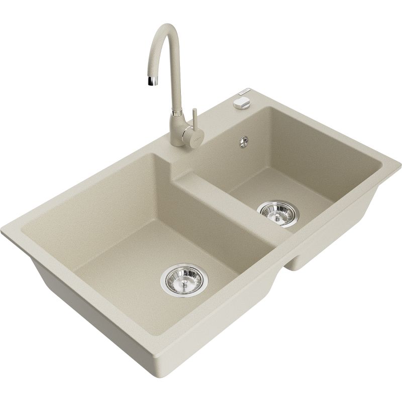 Zlewozmywak granitowy 2-komorowy Mexen Tomas z baterią kuchenną Telma beżowy 6516-69-670200-69