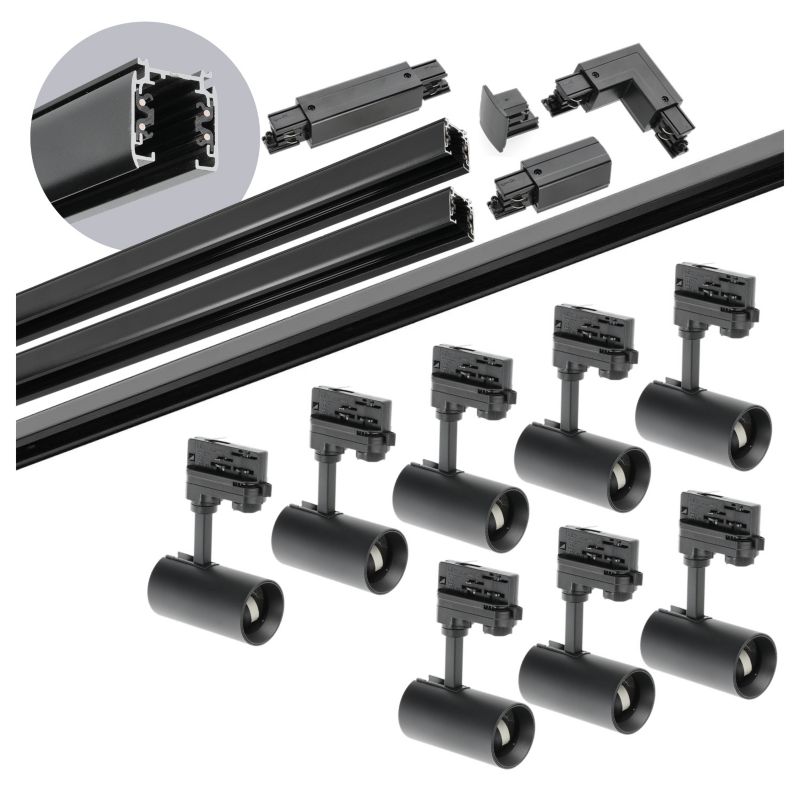 Oświetlenie szynowe 3-fazowe Kobi szyna 1m+1m+2m, 8x Lampa, łącznik I + L czarny 1kpl.