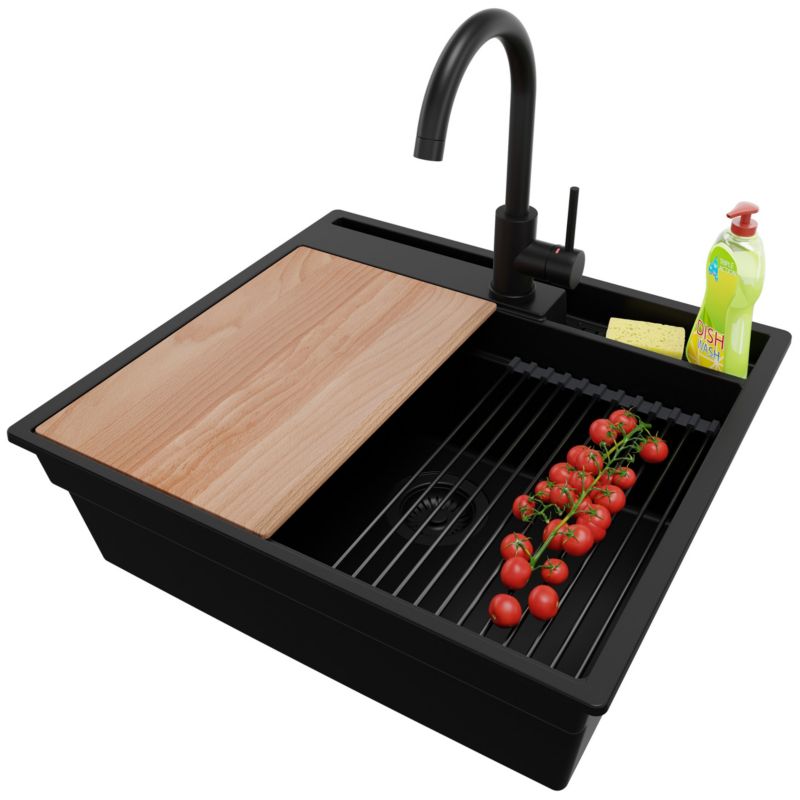 Zlewozmywak Granitowy Oslo Pocket PRIMAGRAN Nablatowy 58x53cm, Cały Czarny + Bateria + Syfon + Akcesorium, S294, 1 szt.