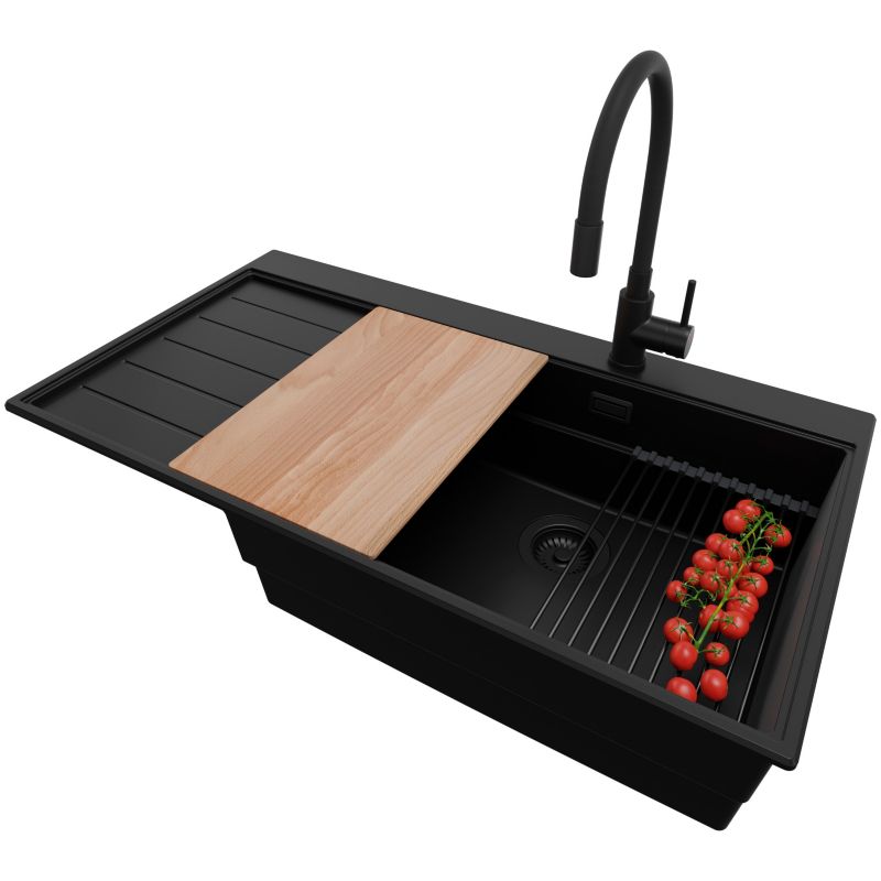 Zlewozmywak Granitowy Sydney PRIMAGRAN Nablatowy 90x50cm, Cały Czarny + Bateria + Syfon + Akcesorium, S428, 1 szt.