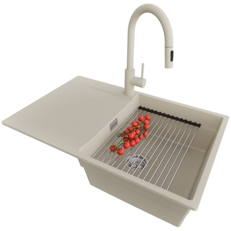 Zlewozmywak Granitowy San Francisco PRIMAGRAN Nablatowy 78x50cm, Beżowy + Bateria + Syfon + Akcesorium, S048, 1 szt.