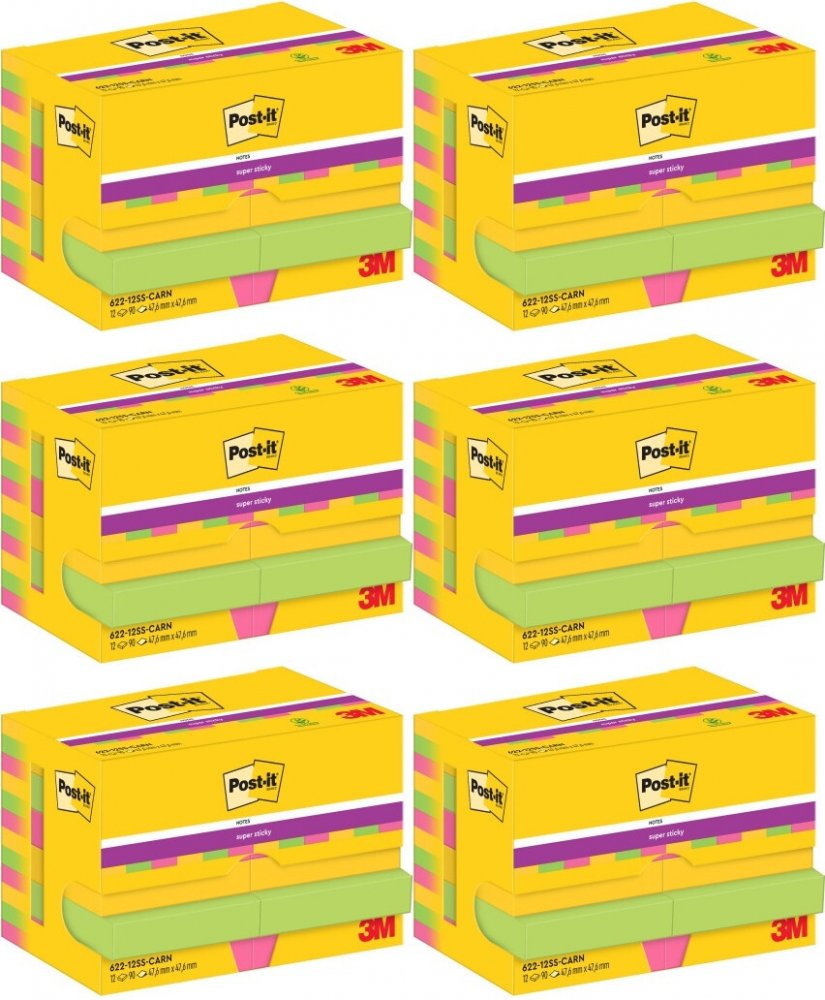 6x Karteczki samoprzylepne Post-it Super Sticky, 47.6x47.6mm, 12x90 karteczek, paleta Carnival, mix kolorów