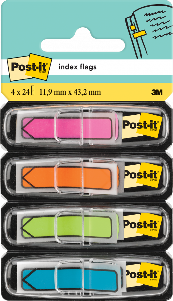 Zakładki samoprzylepne Post-it proste, z nadrukiem strzałki, indeksujące, folia, 12x43mm, 4x24 sztuki neonowe