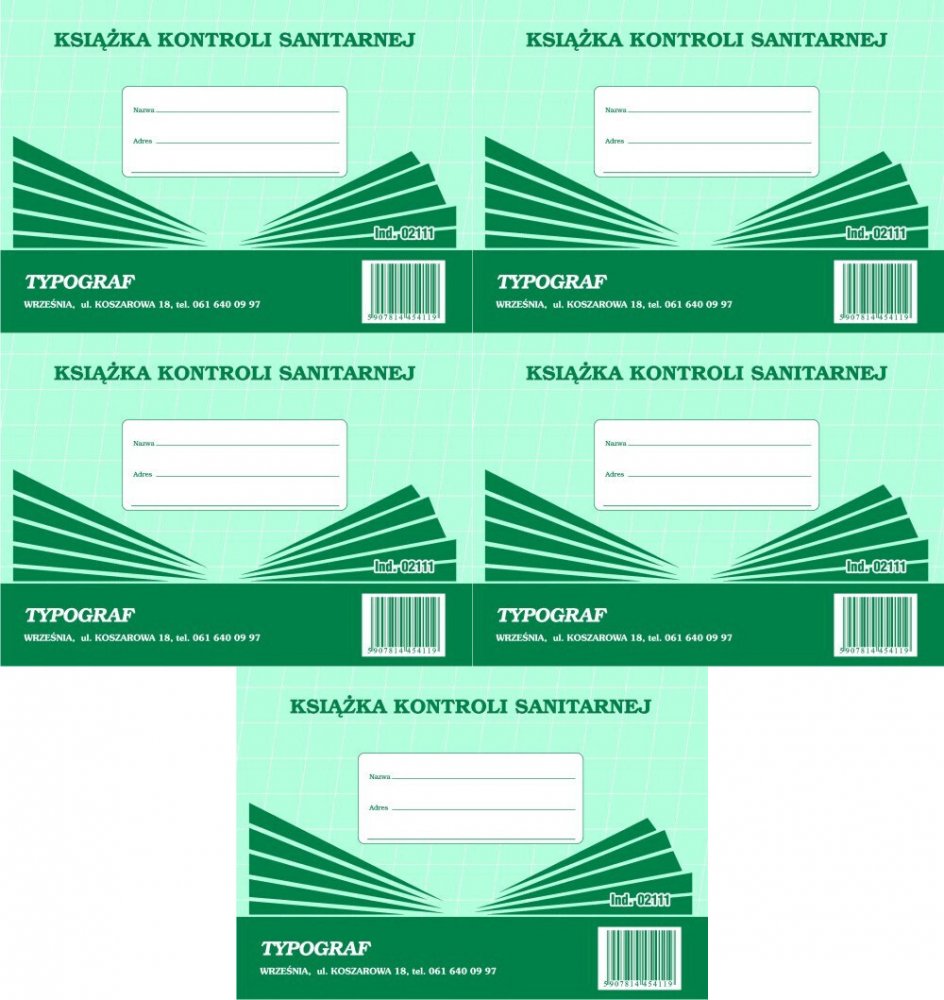 5x Druk akcydensowy Książka kontroli sanitarnej Typograf, A5, offsetowy, 24k