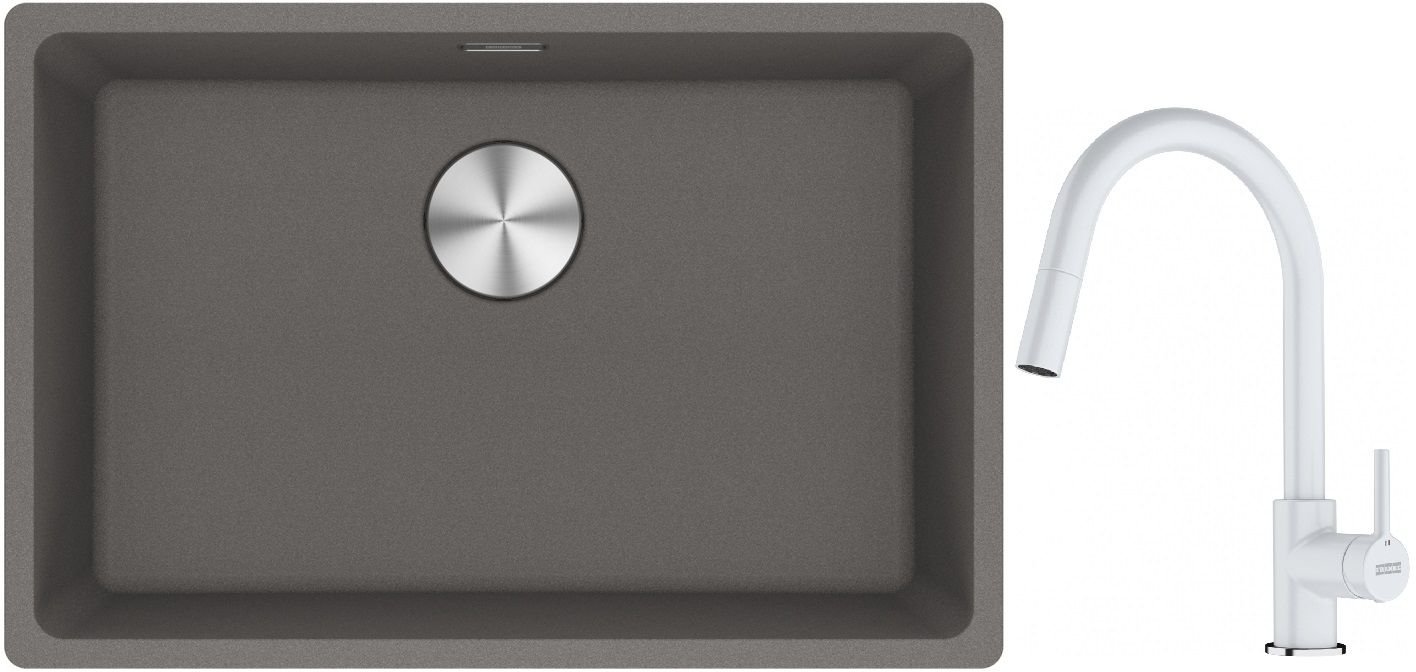 Franke Maris MRG 110-62 zlewozmywak 62x40 cm Fragranite kamienny szary z baterią kuchenną Lina biały polarny (1250687258, 1150626081)