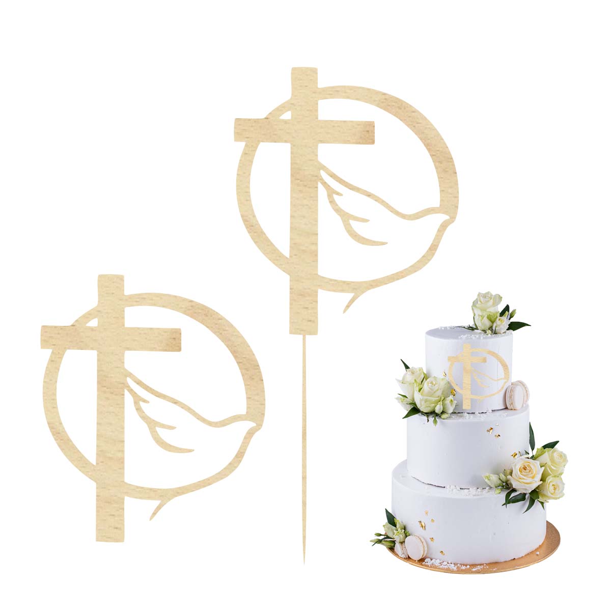 Topper na bok tortu gołąb i krzyż drewniany dekoracja na Komunię Świętą pik scrapki