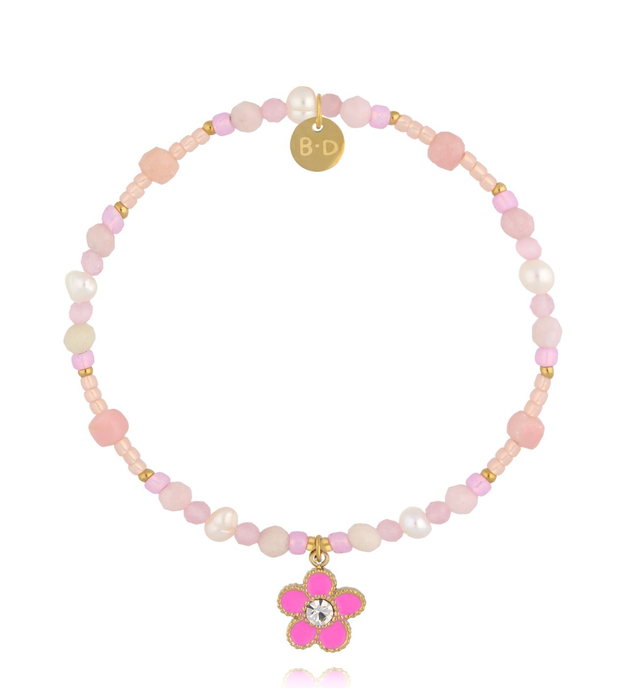 Bransoletka różowa z perełkami i zawieszką kwiatka BTW3410