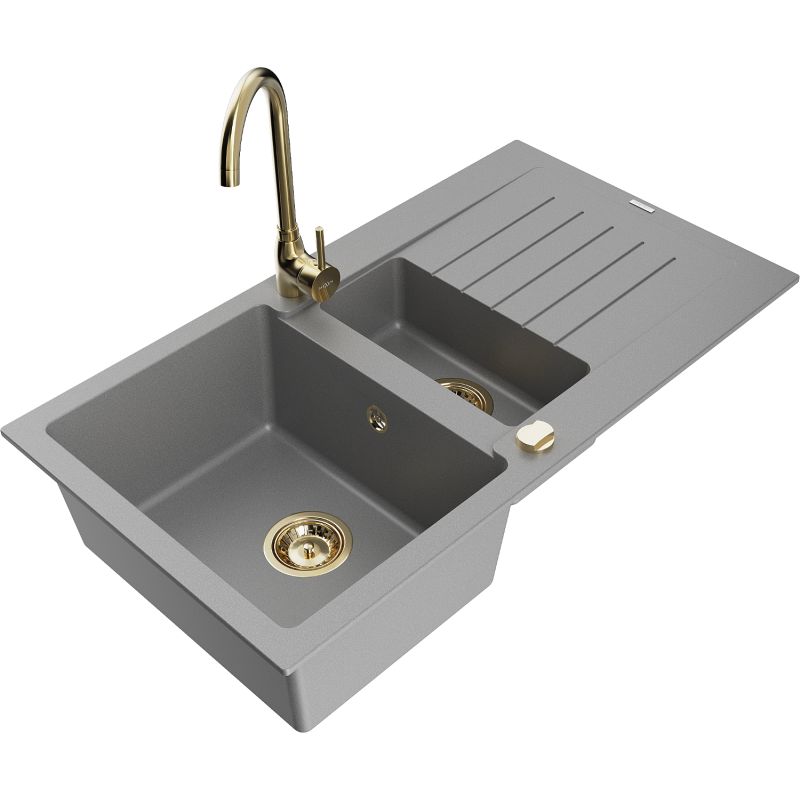 Zlewozmywak granitowy 1.5-komorowy Mexen Matias z ociekaczem i baterią kuchenną Telma szary 6502-71-670200-50