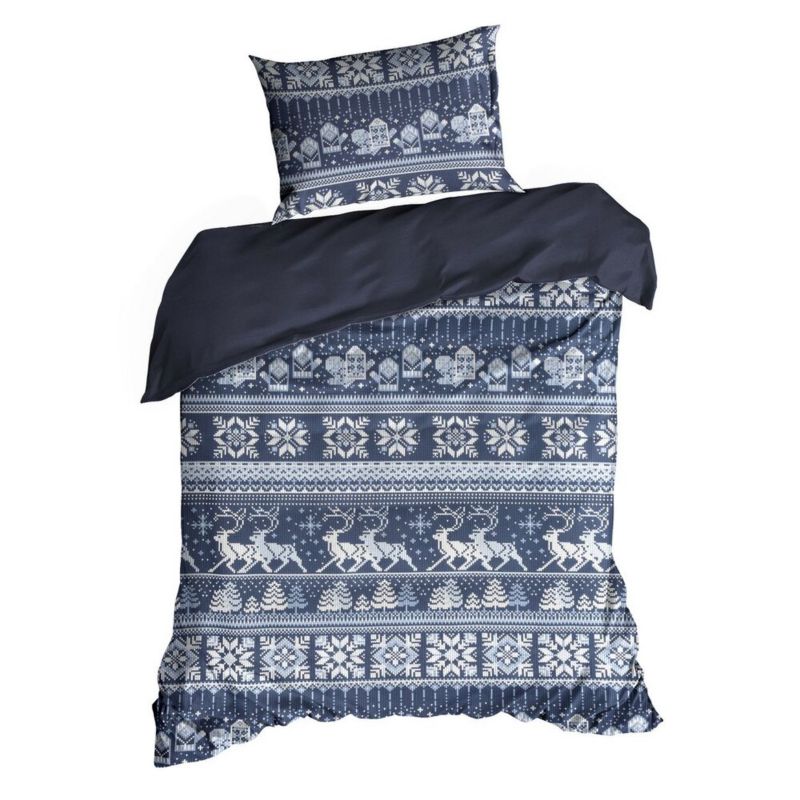 Pościel Świąteczna FJORD Eurofirany Bawełniana Granatowa Snieżki 140X200 Cm Kpl.