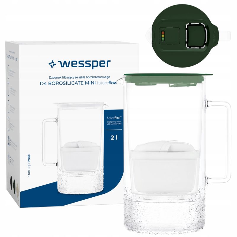 Dzbanek filtrujący wodę, Wessper D4 BOROSILICATE, szklany, licznik LED, 2 l, BPA Free, zestaw z 1 filtrem Aquamax, zielony, 2szt