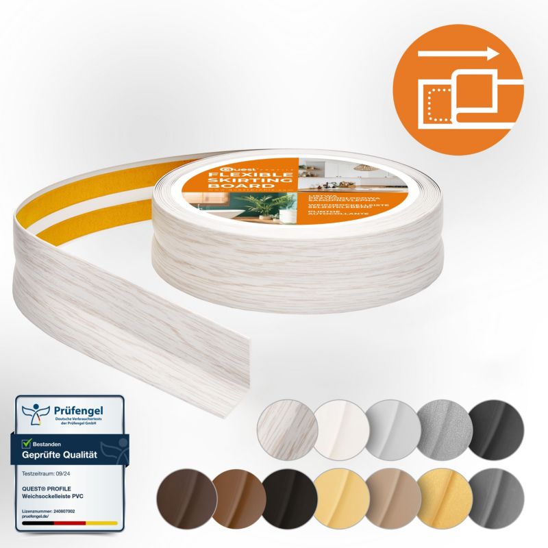 Listwa wykończeniowa PCV 25x15mm, QUEST, samoprzylepna, elastyczna, miękka taśma dekoracyjna, brzoza, 5m